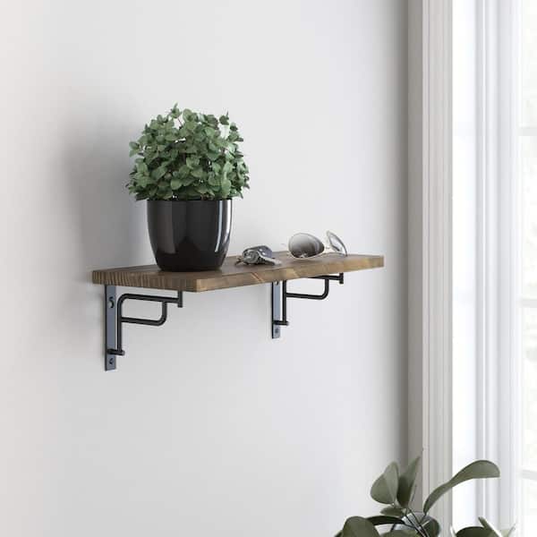 24 in. x 8 in. x 6 in. Medium Stained Solid Pine Decorative Wall Shelf with Matte Black Art Deco Steel Brackets