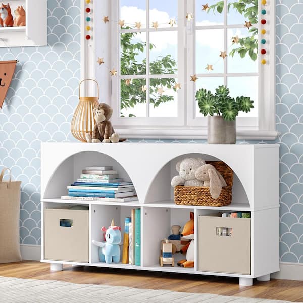 Kids Curve Appeal 46 in. Wide 4 Cubby Bookcase with 2-Piece Taupe Bins