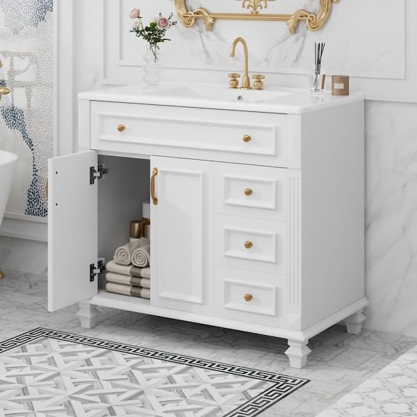 WELLFOR 36 in. W x 18.3 in. D x 33.8 in. H Single Sink Freestanding Bath Vanity in White with White Ceramic Top