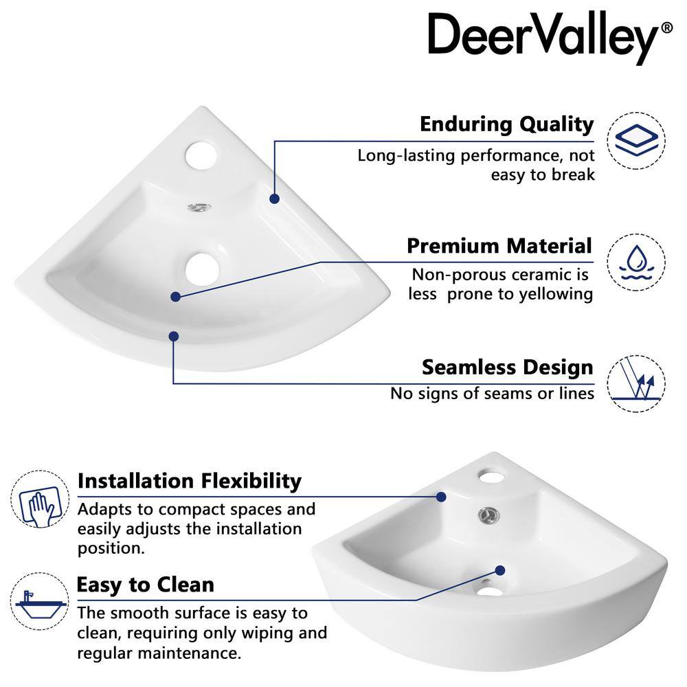 White Ceramic Wall-Mount Corner Bathroom Sink with Faucet Hole