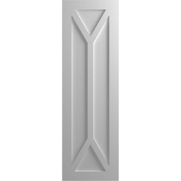 Ekena Millwork 18 in. x 27 in. PVC True Fit San Carlos Mission Style Fixed Mount Flat Panel Shutters Pair in Primed