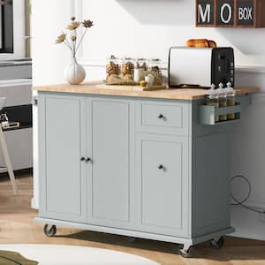 Dusty Blue Rubber Wood Top Kitchen Cart 3-Tier Pull Out Cabinet Organizer, Spice Rack Towel Rack
