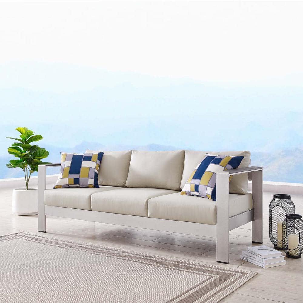 Modern Silver Beige Aluminum Outdoor Patio Sofa with Cushions