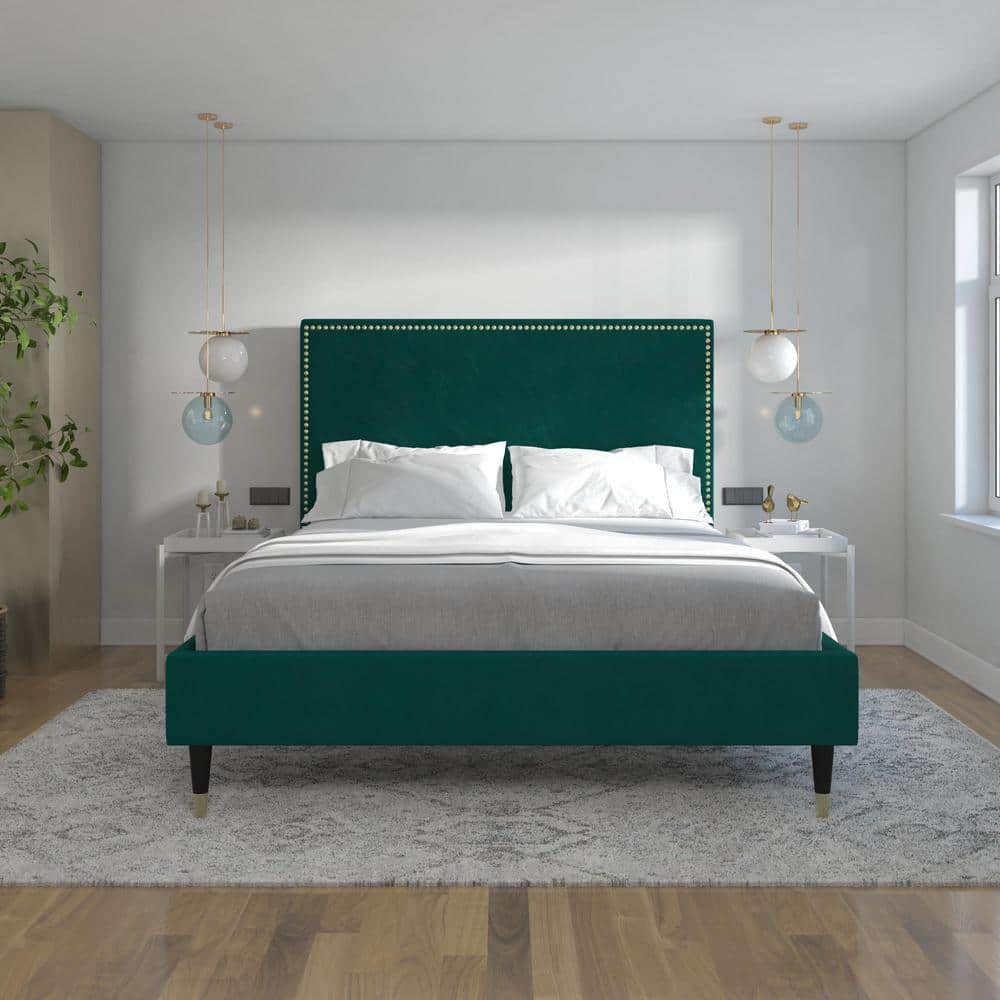 Emerald Green Velvet Queen Bed with Gold Nailhead Trim & Black Legs