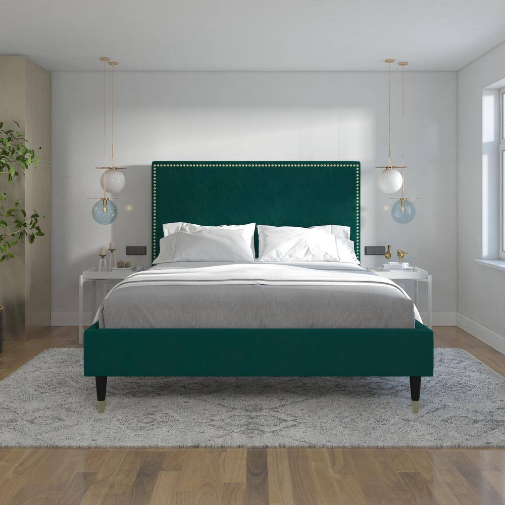 Emerald Green Velvet Queen Bed with Gold Nailhead Trim & Black Legs