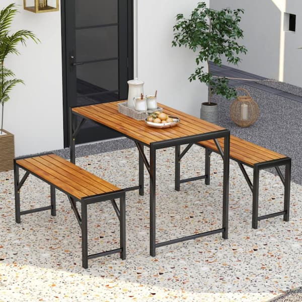 3-Piece Wood Outdoor Dining Set with Picnic Table and 2 Benches
