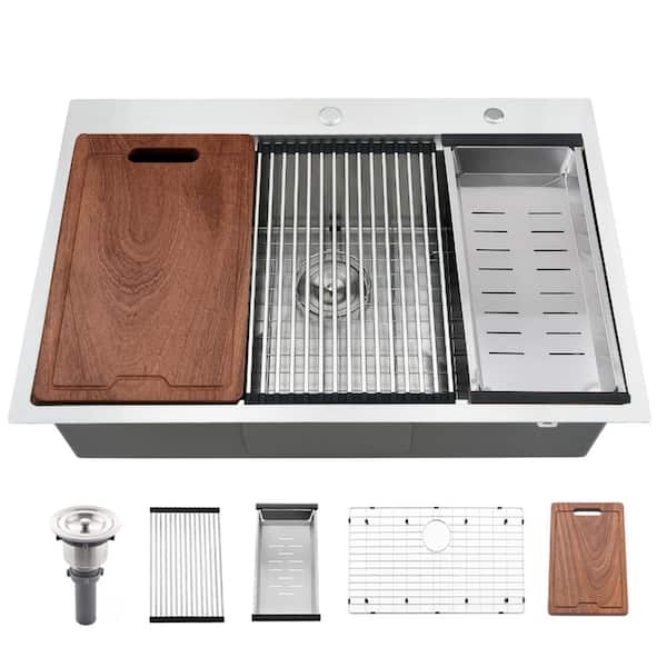 33 in. Drop-In Single Bowl 16-Gauge Stainless Steel Workstation Sink 10 in. Deep with Cutting Board