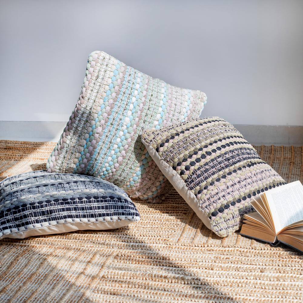 Green and Blue Textured Cotton Blend Square Throw Pillow Set