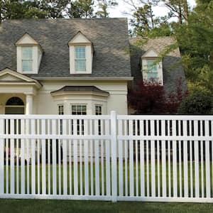 Pro Series 4 in. x 4 in. x 8 ft. White Vinyl Lafayette Spaced Picket Routed Line Fence Post