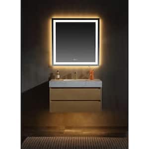 36 in.W x 20 in.D x 21 in.H Single Sink Wall Solid Wood Bath Vanity in Maple, White Cultured Marble Top, LED Light Band