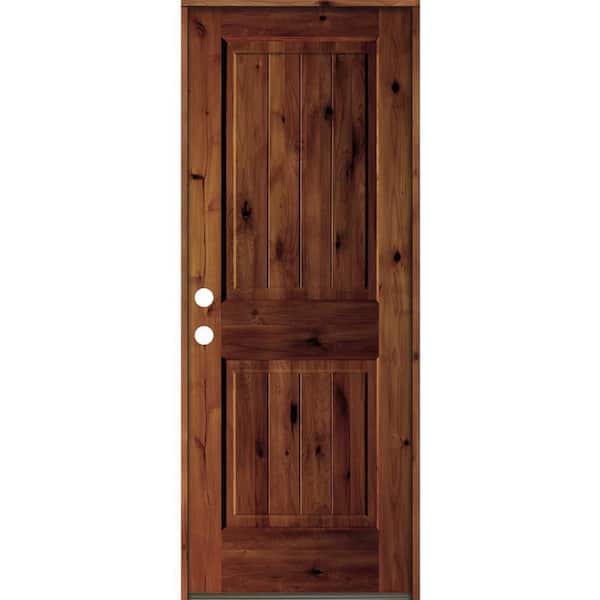 Krosswood Doors 32 in. x 80 in. Rustic Knotty Alder Square Top V-Grooved Red Chestnut Stain Right-Hand Wood Single Prehung Front Door