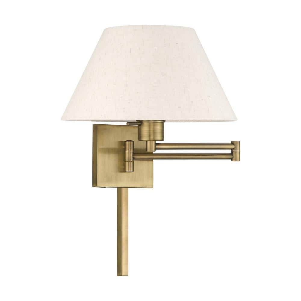 Antique Brass Swing Arm Wall Lamp with Oatmeal Fabric Shade