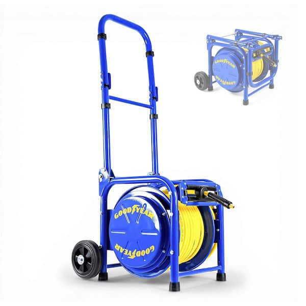 3/8" x 100 ft Hybrid Polymer Air Hose Reel , 300 PS with Foldable Handle, Dual Locking System, & Easy-Move Wheels