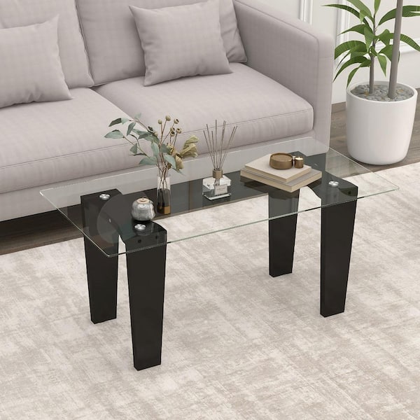 Gymax 39.5 in. Black Rectangle Tempered Glass Top Coffee Table Modern Accent Table