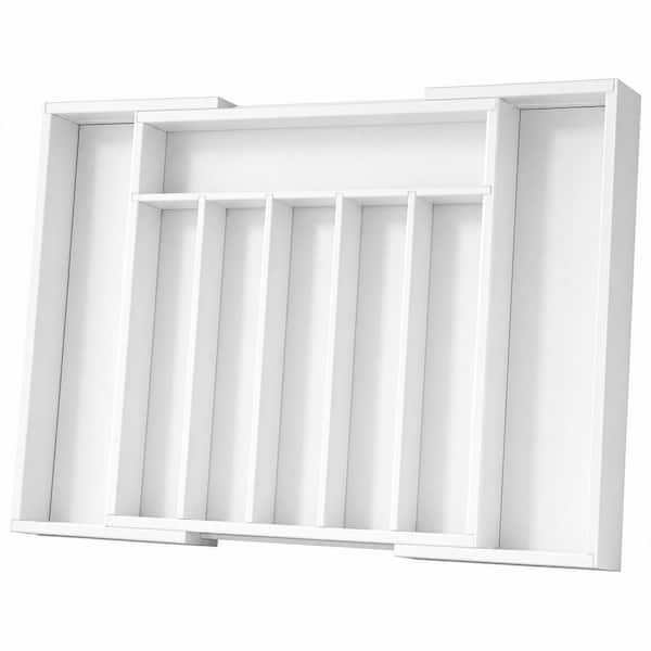 White Bamboo Expandable Kitchen Drawer Silverware Organizer with Adjustable Slots for Utensils and Cutlery Storage