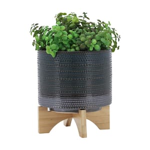 8 in. Ceramic Dotted Planter with Wood Stand Green