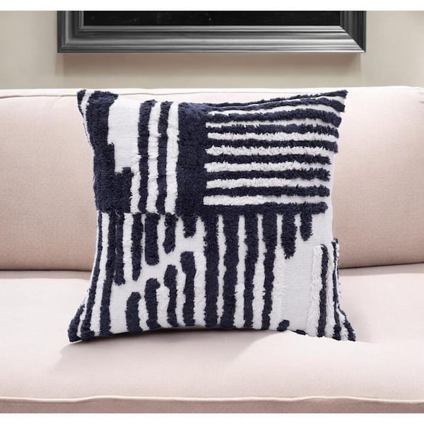 HomeRoots Navy Blue, White Geometric Polyester 22 in. x 22 in. Throw Pillow
