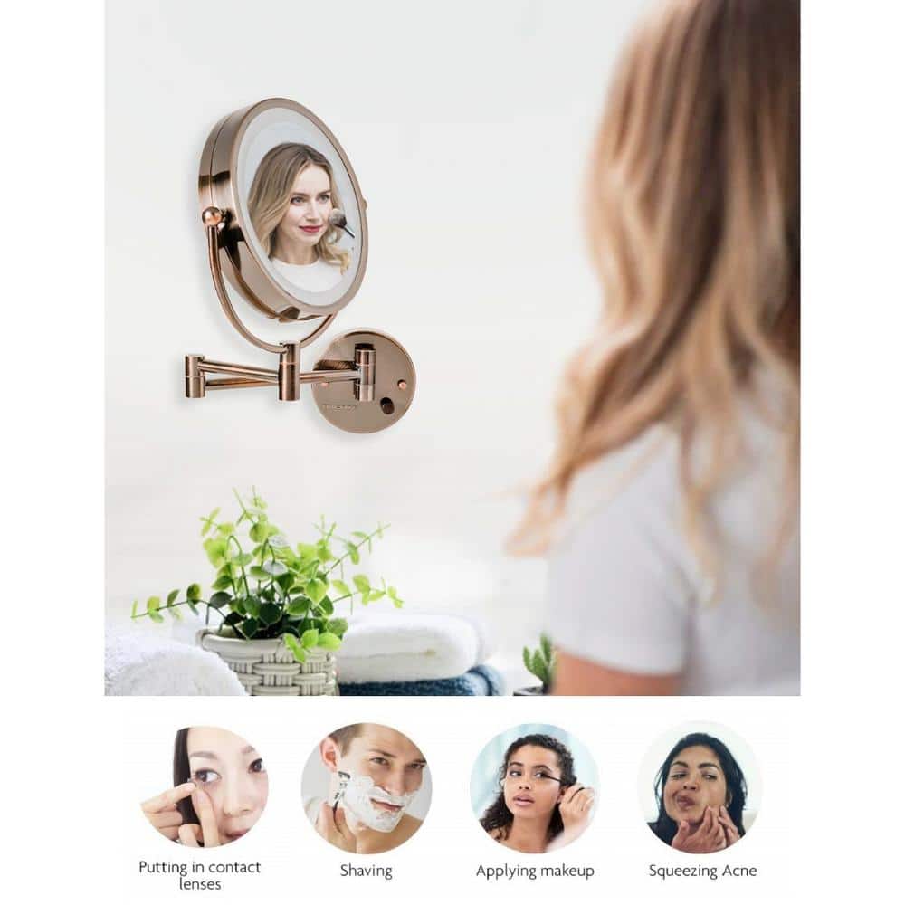 Antique Brass 8.5'' Round Wall-Mounted LED Vanity Makeup Mirror with 7X Magnification
