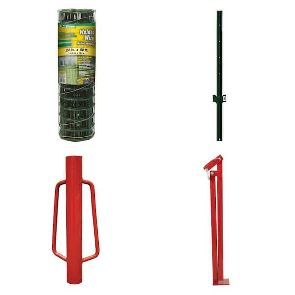 2 ft. x 50 ft. 16-Gauge Green Welded Wire, 1-1/8 in. x 4 ft. Steel U Post, Post Driver and T-Post Puller Combo