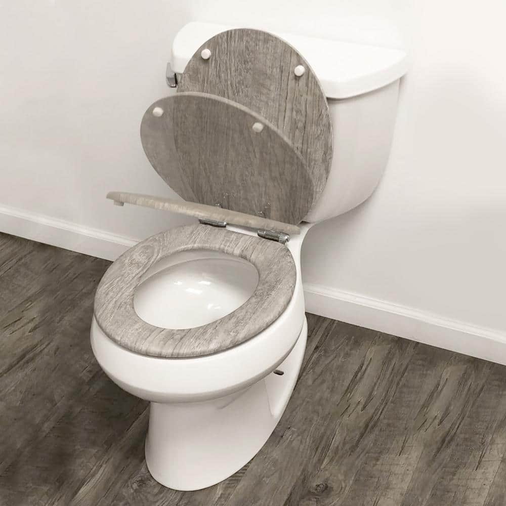Elongated Gray Distressed Wood Veneer Toilet Seat with Chrome Hinges