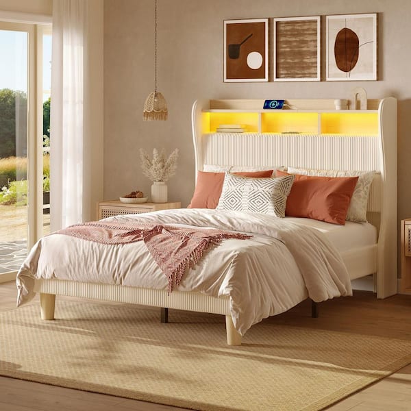 Beige Wood Frame Queen Size Fluted Corduroy Fabric Platform Bed with Double-Layer Storage, Power Outlets and LED Light