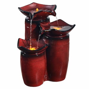 20 in. Outdoor 3-Tier Glazed Cascade Pot Floor Fountain in Red with LED Lights