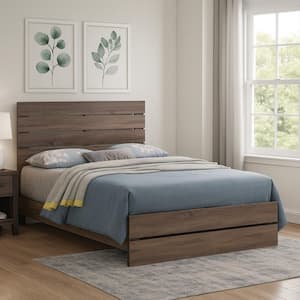 Brown Wooden Frame Queen Platform Bed with Panel Headboard