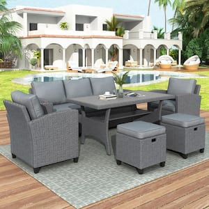 6 Pieces Wicker Outdoor Set for Patio Garden Backyard Gray Vine + Gray Cushion