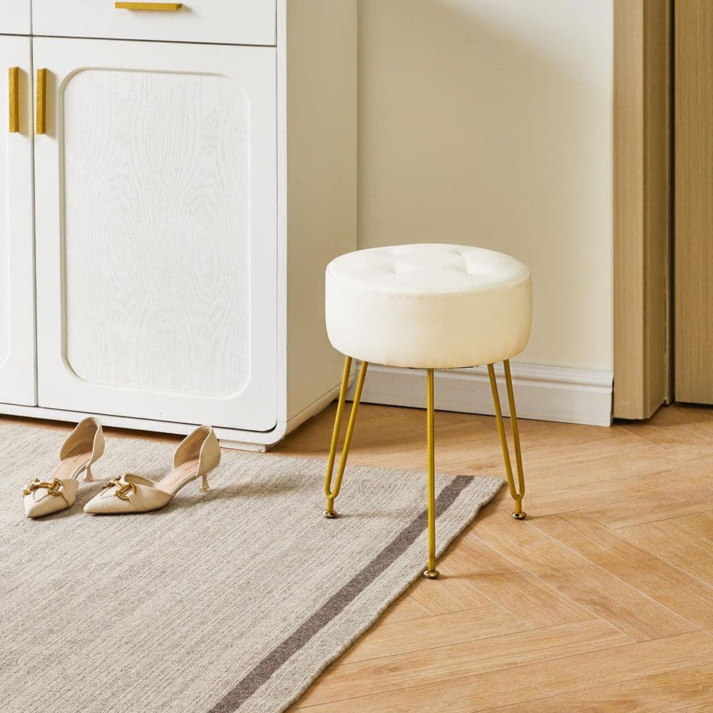White Faux Leather 18.11 in. Tall Makeup Vanity Stool, PU Dressing Table Seat, Pouf Couch Stool, Golden Steel Legs price history on PriceWatchPro