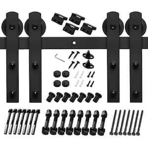 10 ft./120 in. Black Steel Straight Strap Sliding Barn Door Track and Hardware Kit for Double Doors with Floor Guide
