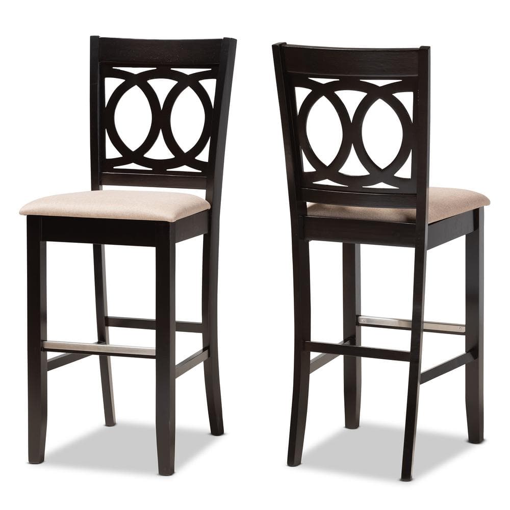 Set of 2 Sand Upholstered Oak Bar Stools with Espresso Finish