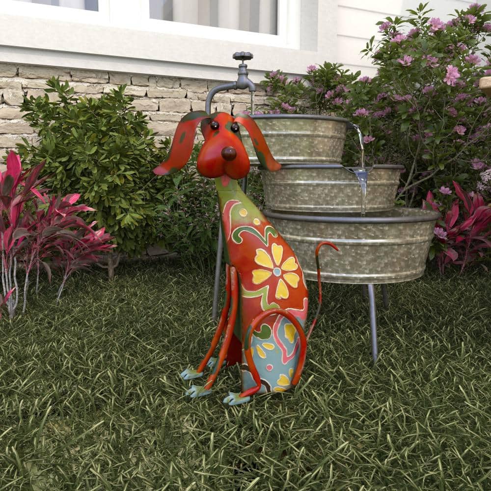 Multicolor Floral Iron Dog Garden Sculpture, 12" x 17"
