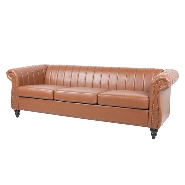 32 5 In W Round Arm Rolled Faux, Fake Leather Chesterfield Sofa