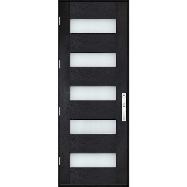 Regency 36 in. x 80 in. 5L Modern Frosted Glass RHOS Onyx Stain Fiberglass Prehung Front Door w/8011 NKL Lockset