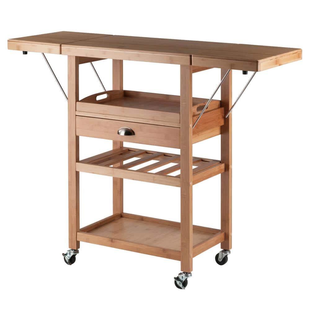 Natural Bamboo Drop Leaf Kitchen Cart with Wine Rack