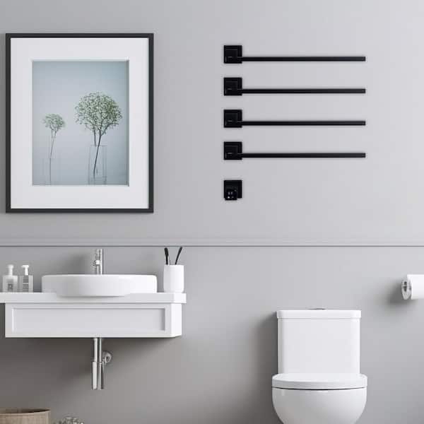 Cesicia 4-Bar Plug-In/Hardwired Swingable Wall Mounted Electric Towel Warmer Rack in Matte Black Waterproof