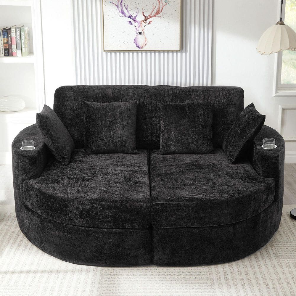 80 in. Rolled Arms Seal Velvet Fabric Round Chaise Lounge Sofa in Black with Two Cup Holders