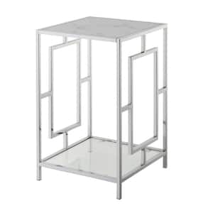 Town Square 15.75 in. Chrome Square White Faux Marble Top End Table with Shelf