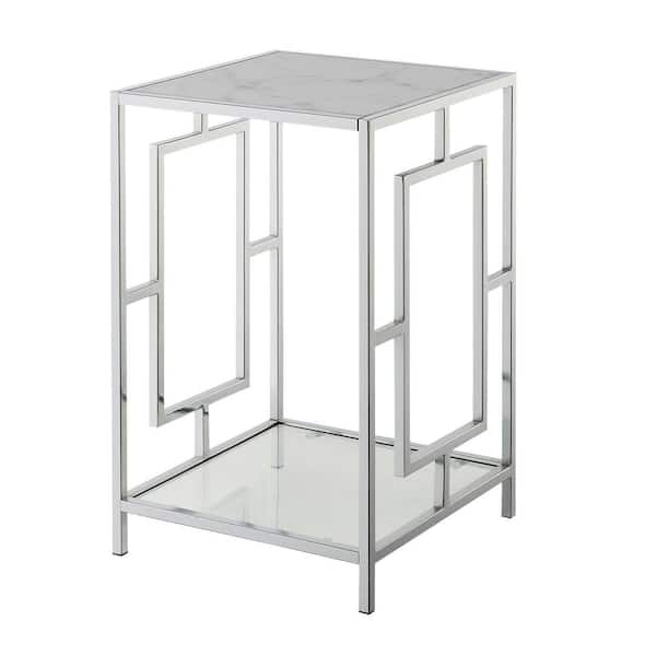 Convenience Concepts Town Square 15.75 in. Chrome Square White Faux Marble Top End Table with Shelf
