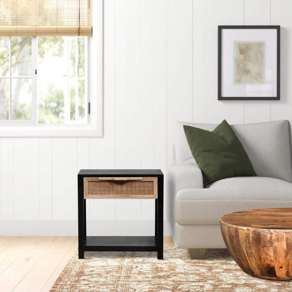 Tia 22 Inch Black Pine Wood Side Table with Rattan Drawer