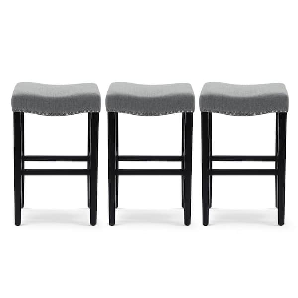 WESTINFURNITURE Jameson 29 in. Bar Height Black Wood Backless Nail Head Trim Barstool, Upholstered Beige Linen Saddle Seat (Set of 3)