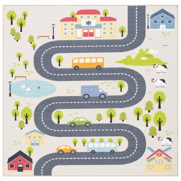 SAFAVIEH Kids Playhouse Beige/Green 5 ft. x 5 ft. Machine Washable Novelty Square Area Rug