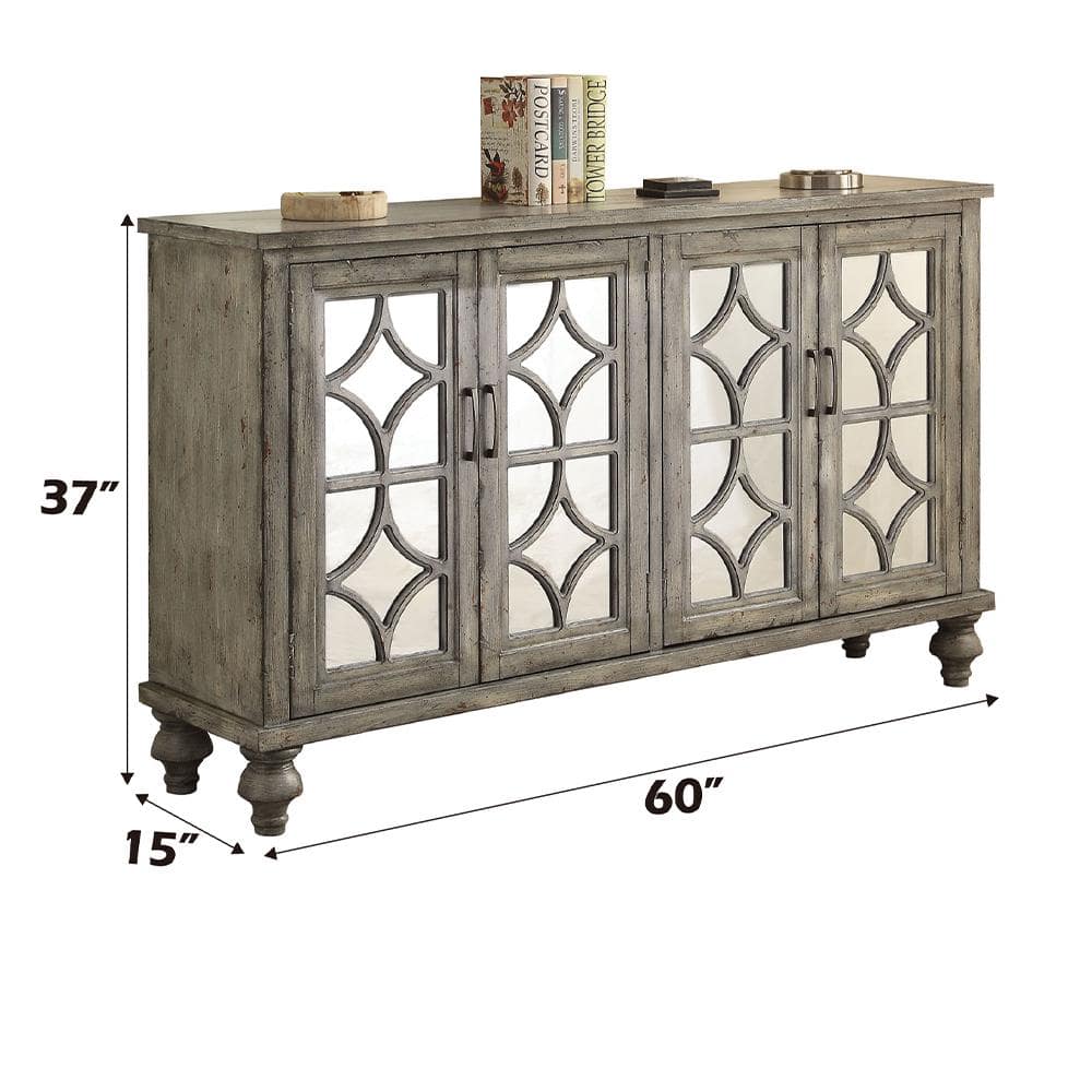 Velika Weathered Gray Wooden Console Table with Mirrored Doors