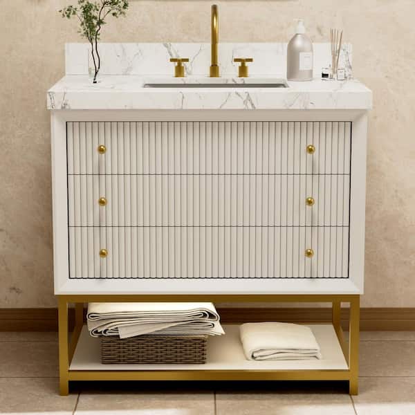 Solidoak 36 in. W x 22 in. D x 35.4 in. H Single Sink Bath Vanity in White with White Engineered Marble Top