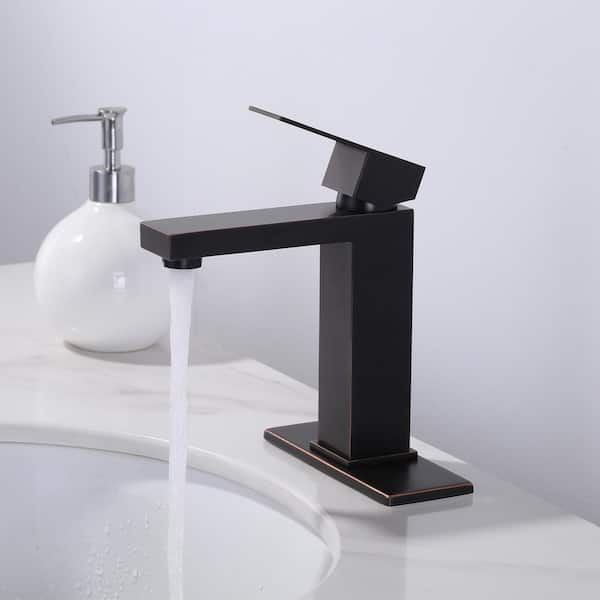 Oil Rubbed Bronze 4-in Single Handle Bathroom Faucet with Deck Plate and Drain Kit Included in Stainless Steel