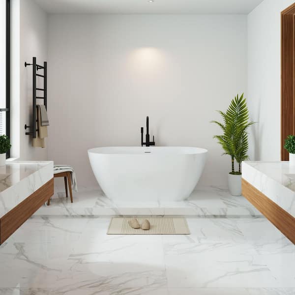 55 in. x 27.5 in. Acrylic Freestanding Bathtub Oval Shape Soaking Bathtub in Gloss White