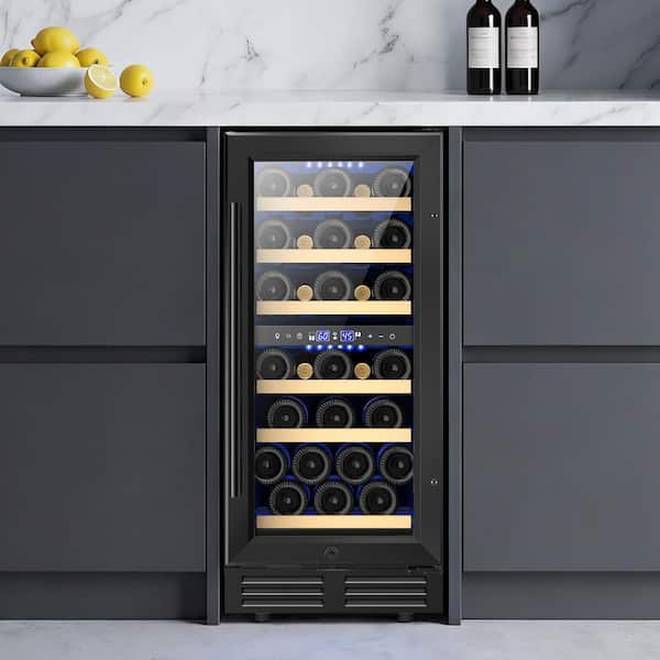 15 in. Dual Zone 30-Bottle Reversible Door Wine Cooler in Black with 3 Removable Beechwood Shelves Auto Blue Lighting