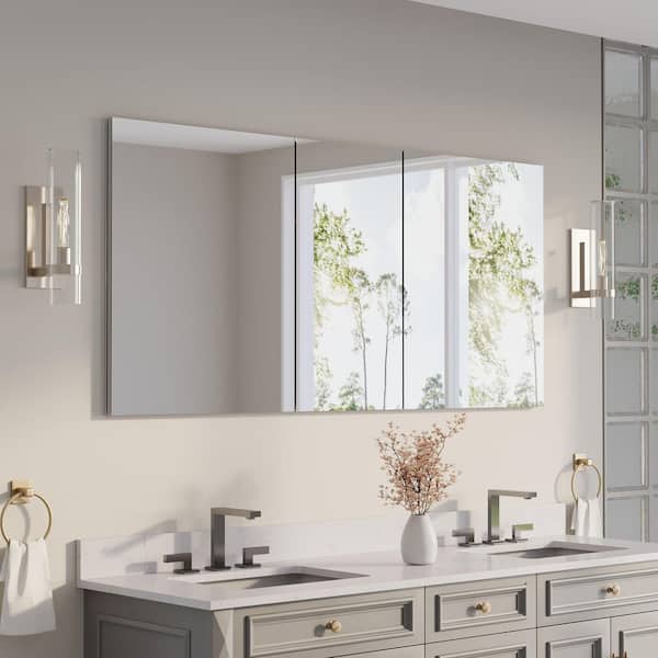 64 in. W x 30 in. H Rectangular Recess/Surface Mount Medicine Cabinet with Mirror, 3 Soft Close Door, Left or Right Open