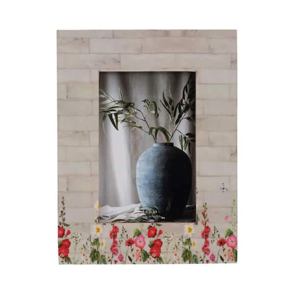 4 in. x 6 in. Ivory Wood and Resin Pink Flower Field Photo Frame