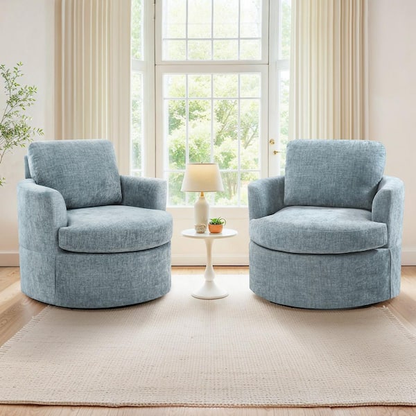 Light Blue Chenille Upholstered 360° Swivel Accent Chair Adjustable Back Height Armchair with Wood Frame Set of 2
